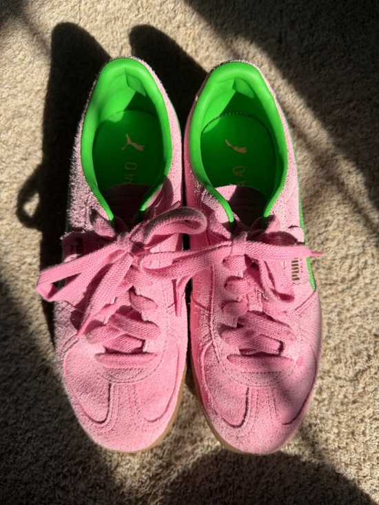 Puma Shoes - Puma Pink Suede Sneakers with Bright Green Lining Size 9